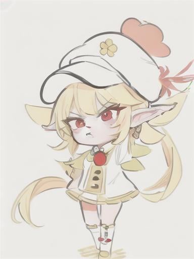 Prompt: chibi elf girl with a cute face, angry pouting, yellow hair, big red eyes, (wears a red Gavroche cap with a black visor, has a brooch on the left of the cap, 2 long white feathers come out of the brooch), the cap Gavroche has an embroidery on the front with a 4-leaf clover, waves her arms to the sides in frustration, she wears a red trench coat with a hood and a light brown or cream colored scarf, her hands are in fists, she is carrying a bag brown from which hangs a cream-colored wool doll similar to a ball, a white baggy shorts, 2 legs with brown shoes