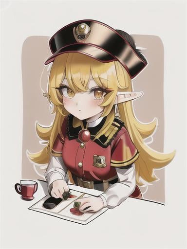 Prompt: chibi elf girl with a tender face, sitting in front of a table, yellow hair, large contrasting eyes between brown and red, wears a red Gavroche Cap with a black visor that has a brooch on the left from which 2 long white feathers come out, the Cap Gavroche, in addition to the brooch, has an embroidery in the center of the front with a 4-leaf clover, his large eyes have anime-style flashes of light, his mouth is open and wobbly watching a delicious fish dish on the table while it drains from him a little drool, she wears a red raincoat with a hood and a light brown or cream scarf, her hands are in fists holding a fork in the left and a knife in the right while she raises her arms ready to eat, she is carrying a brown bag from which A cream-colored wool doll similar to a ball hangs, on the plate on the table is a delicious Japanese baked fish. vibrant colors.