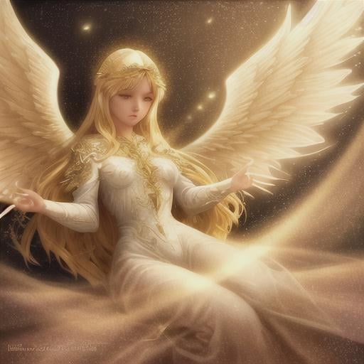 Prompt: Angel, beautiful face, detailed face, blonde, shining, holy light background, wide white wings, full body, mythical, fantasy, elegant, hyperrealism, highly detailed, intricate detailed,dynamic lighting, 4K, HD.