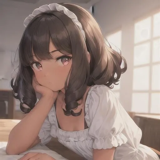 Prompt: (masterpiece, illustration, best quality:1.2), 1girl, solo, tanned skin, (petite body, white blouse, dark brown shorts:1.3), curly hair, stray hairs, fluffy bangs, playful demeanor, shorts, ruffles, foggy black eyes, dark brown hair, finely detailed, detailed face, toned face, beautiful detailed eyes, beautiful detailed shading, beautifully detailed background, rainstorm 