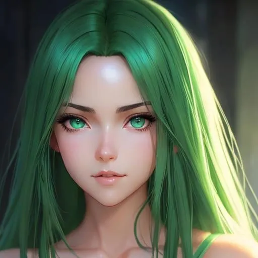 Prompt: Closeup face portrait of a Lisa, smooth soft skin,big green dreamy eyes, beautiful intricate colored hair, symmetrical, anime wide eyes, soft lighting, detailed face, by makoto shinkai, stanley artgerm lau, wlop, rossdraws, concept art, digital painting, looking into camera