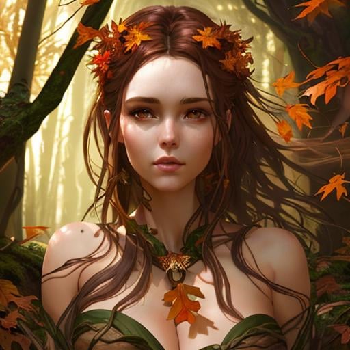 Prompt: dryads autumnal feminine great beauty and very beautiful physical features, just behind her oak surrounded by a thick autumnal forest volumetric soft lighting warm colors 8k resolution by Greg Rutkowski, Artgerm, Alphonse Mucha dynamic lighting hyperdetailed intricately detailed Splash art trending on Artstation Unreal Engine 5 volumetric lighting