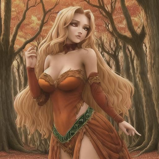 Prompt: dryads autumnal feminine great beauty and very beautiful physical features, just behind her oak surrounded by a thick autumnal forest volume...