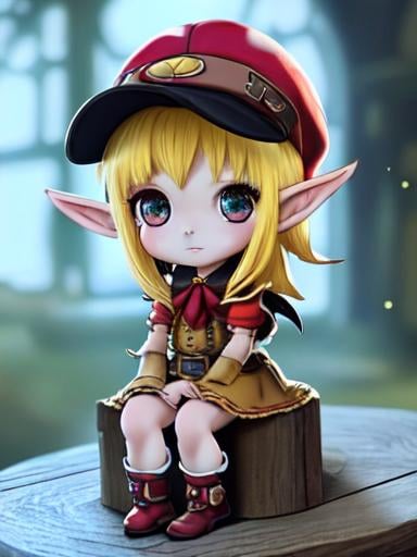 Prompt: chibi elf girl with a tender face, sitting in front of a table, yellow hair, large contrasting eyes between brown and red, wears a red Gavroche Cap with a black visor that has a brooch on the left from which 2 long white feathers come out, the Cap Gavroche, in addition to the brooch, has an embroidery in the center of the front with a 4-leaf clover, his large eyes have anime-style flashes of light, his mouth is open and wobbly watching a delicious fish dish on the table while it drains from him a little drool, she wears a red raincoat with a hood and a light brown or cream scarf, her hands are in fists holding a fork in the left and a knife in the right while she raises her arms ready to eat, she is carrying a brown bag from which A cream-colored wool doll similar to a ball hangs, on the plate on the table is a delicious Japanese baked fish.