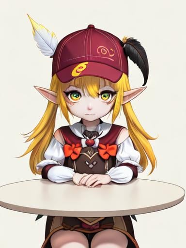 Prompt: chibi elf girl with a tender face, sitting in front of a table, yellow hair, large contrasting eyes between brown and red, wears a red Gavroche Cap with a black visor that has a brooch on the left from which 2 long white feathers come out, the Cap Gavroche, in addition to the brooch, has an embroidery in the center of the front with a 4-leaf clover, his large eyes have anime-style flashes of light, his mouth is open and wobbly watching a delicious fish dish on the table while it drains from him a little drool, she wears a red raincoat with a hood and a light brown or cream scarf, her hands are in fists holding a fork in the left and a knife in the right while she raises her arms ready to eat, she is carrying a brown bag from which A cream-colored wool doll similar to a ball hangs, on the plate on the table is a delicious Japanese baked fish. vibrant colors.