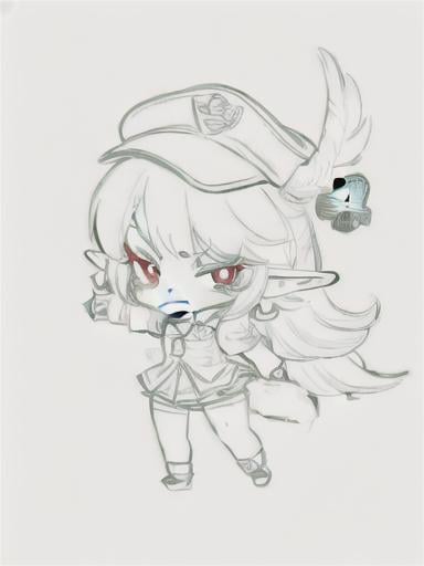 Prompt: chibi elf girl with a cute face, angry pouting, yellow hair, big red eyes, (wears a red Gavroche cap with a black visor, has a brooch on the left of the cap, 2 long white feathers come out of the brooch), the cap Gavroche has an embroidery on the front with a 4-leaf clover, waves her arms to the sides in frustration, she wears a red trench coat with a hood and a light brown or cream colored scarf, her hands are in fists, she is carrying a bag brown from which hangs a cream-colored wool doll similar to a ball, a white baggy shorts, 2 legs with brown shoes