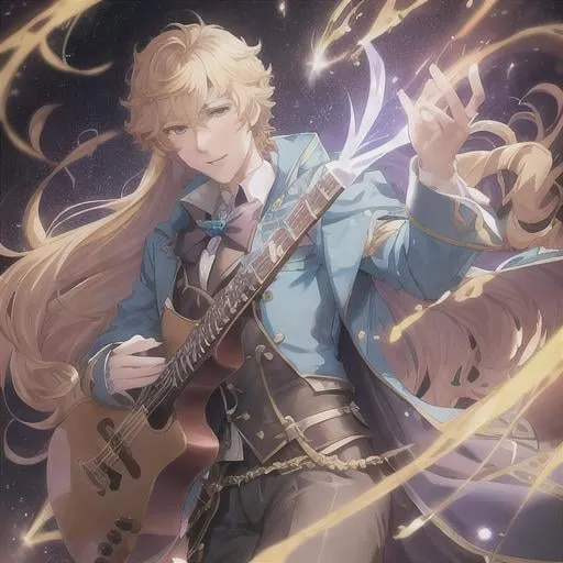 Prompt: anime opening Full-body detailed masterpiece, fantasy, high-res, UHD, 164K, perfect composition, 1boy handsome european adventuring troubadour bard from the mid-16th century. He is a dashing handsome young man with blonde suave curly hair with a long standing fringe. He is wearing a light blue jacket with a white fluffy ruff millstone collar. He wears a pair of black gloves, black pants. bravely default ringabel