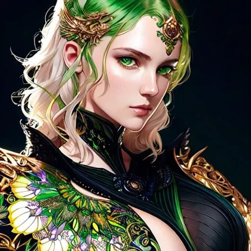 Prompt: Detailed eyes flawless eyes Gorgeous chartreuse greenest hair natural lime flair goddess, intricate, dramatic full body pose, magnificent, masterpiece, by minjae lee, by James jean, by WLOP, mucha, Waterhouse, by eve ventrue, by anna dittmann, by Alessio Albi, dynamic lighting, green, emeralds