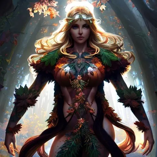 Prompt: dryads autumnal feminine great beauty and very beautiful physical features, just behind her oak surrounded by a thick autumnal forest volumetric soft lighting warm colors 8k resolution by Greg Rutkowski, Artgerm, Alphonse Mucha dynamic lighting hyperdetailed intricately detailed Splash art trending on Artstation Unreal Engine 5 volumetric lighting