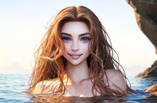 Prompt: realistic portrait of a mermaid half woman half fish tail longer than the torso, frolicking sitting on the rocks above the water, wet hair, perfect proportion,  Defined face, perfect eyes, beautiful face, well detailed and defined, defined, sensual lips with a beautiful smile and beautiful teeth, hair with a brown color gradient to gold balayage, 