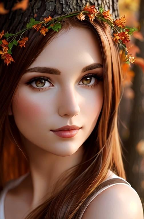 Prompt: dryads autumnal feminine great beauty and very beautiful physical features, just behind her oak surrounded by a thick autumnal forest volume...