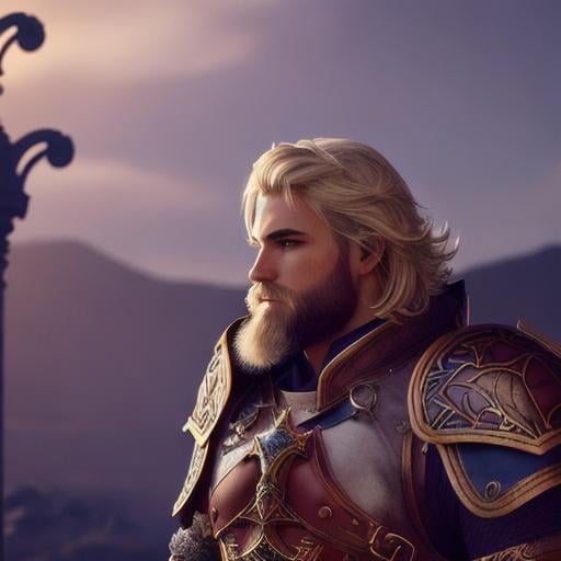 Prompt: male fantasy warrior, very handsome, medium musculature, dirty blonde, short wavy hair and short trimmed beard, full leather armor, very detailed eyes, UHD, 64K, sharp focus, studio photo, intricate details, highly detailed