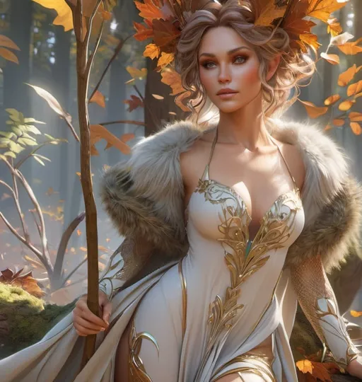 Prompt: dryads autumnal feminine great beauty and very beautiful physical features, just behind her oak surrounded by a thick autumnal forest volumetric soft lighting warm colors 8k resolution by Greg Rutkowski, Artgerm, Alphonse Mucha dynamic lighting hyperdetailed intricately detailed Splash art trending on Artstation Unreal Engine 5 volumetric lighting