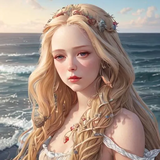 Prompt: Portrait of a maiden with long ethereal blonde hair and with cute face and wine colored lips, a ocean shore scene, perfect composition, hyperrealistic, super detailed, 8k, high quality, trending art, trending on artstation, sharp focus, studio photo, intricate details, highly detailed, wearing a dress