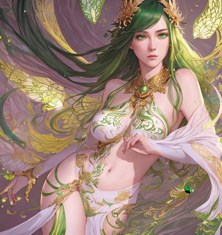 Prompt: Detailed eyes flawless eyes Gorgeous chartreuse greenest hair natural lime flair goddess, intricate, dramatic full body pose, magnificent, masterpiece, by minjae lee, by James jean, by WLOP, mucha, Waterhouse, by eve ventrue, by anna dittmann, by Alessio Albi, dynamic lighting, green, emeralds