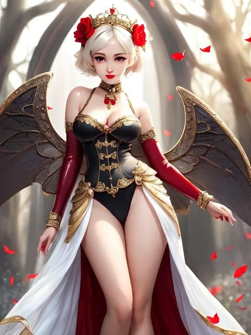 Prompt: Full-body detailed masterpiece, cute femenine woman pixie, red gloss beautiful lips, oval face,  high-res, quality upscaled image, perfect composition, highly detailed, intricate details, beautiful big eyes, maximum cuteness, lovely, adorable, beautiful, flawless, masterpiece, soft dramatic moody lighting, ultra high quality octane, hypermaximalist.