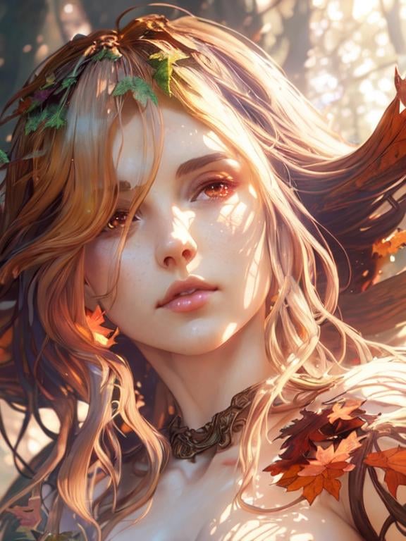 Prompt: dryads autumnal feminine great beauty and very beautiful physical features, just behind her oak surrounded by a thick autumnal forest volumetric soft lighting warm colors 8k resolution by Greg Rutkowski, Artgerm, Alphonse Mucha dynamic lighting hyperdetailed intricately detailed Splash art trending on Artstation Unreal Engine 5 volumetric lighting