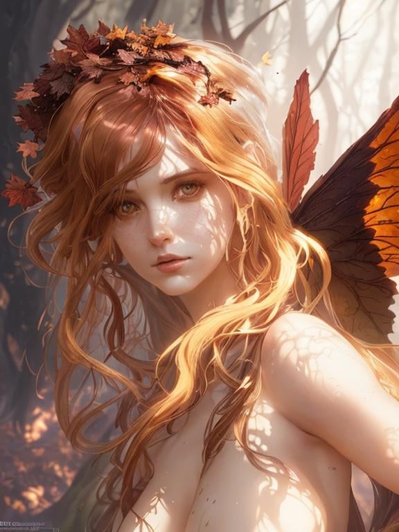 Prompt: dryads autumnal feminine great beauty and very beautiful physical features, just behind her oak surrounded by a thick autumnal forest volumetric soft lighting warm colors 8k resolution by Greg Rutkowski, Artgerm, Alphonse Mucha dynamic lighting hyperdetailed intricately detailed Splash art trending on Artstation Unreal Engine 5 volumetric lighting