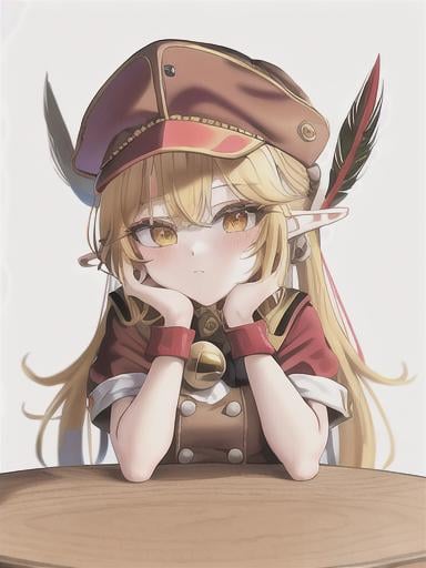 Prompt: chibi elf girl with a tender face, sitting in front of a table, yellow hair, large contrasting eyes between brown and red, wears a red Gavroche Cap with a black visor that has a brooch on the left from which 2 long white feathers come out, the Cap Gavroche, in addition to the brooch, has an embroidery in the center of the front with a 4-leaf clover, his large eyes have anime-style flashes of light, his mouth is open and wobbly watching a delicious fish dish on the table while it drains from him a little drool, she wears a red raincoat with a hood and a light brown or cream scarf, her hands are in fists holding a fork in the left and a knife in the right while she raises her arms ready to eat, she is carrying a brown bag from which A cream-colored wool doll similar to a ball hangs, on the plate on the table is a delicious Japanese baked fish. vibrant colors.