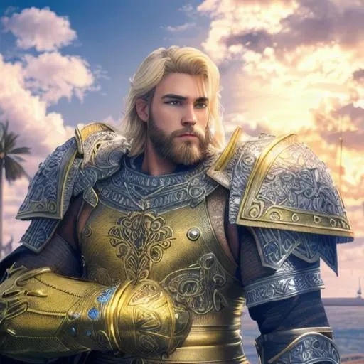 Prompt: male fantasy warrior, very handsome, medium musculature, dirty blonde, short wavy hair and short trimmed beard, full leather armor, very detailed eyes, UHD, 64K, sharp focus, studio photo, intricate details, highly detailed