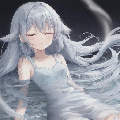 Prompt:   Cute anime girl, kawaii, She is submerged fully in water,The dress is light blue and a little see through, She is in water in the middle of a lake,Her eyes are closed, Her hair is Blue lilac, Her hair is long, beautiful lashes. She is 38, and she has a long dresssss.   