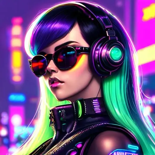 Prompt: Polished finish. Cyberpunk Background with Neon Lights Scattered in Bokeh, a beautiful girl, has neon green sunglasses and a futuristic stylized headphones , neon ombre colorful silky hair with a retro 60's hairstyle with perfectly coiffed bangs art by stanley artgerm,  WLOP, artstation fang xinyu,  huang guangjian and gil elvgren and sachin teng, Evan Lee, pilyeon, Zeronis, Viktoria Gavrilenko. Charming and Appealing characters. Cyberpunk themed attires.  stylized lens Flares. Black Overall Cuberpunk suit. UHD, hd , 8k, hyper realism, Very detailed, Cyberpunk Cybernetics enhanced zoomed out view of character, full character visible, Post Modern 