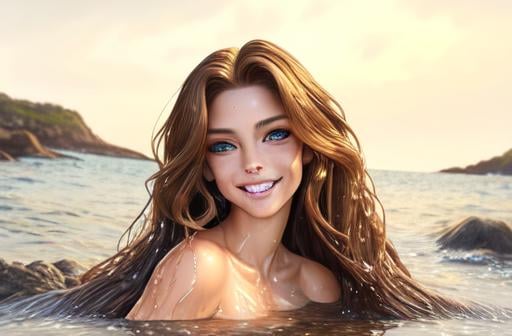 Prompt: realistic portrait of a mermaid half woman half fish tail longer than the torso, frolicking sitting on the rocks above the water, wet hair, perfect proportion,  Defined face, perfect eyes, beautiful face, well detailed and defined, defined, sensual lips with a beautiful smile and beautiful teeth, hair with a brown color gradient to gold balayage, 