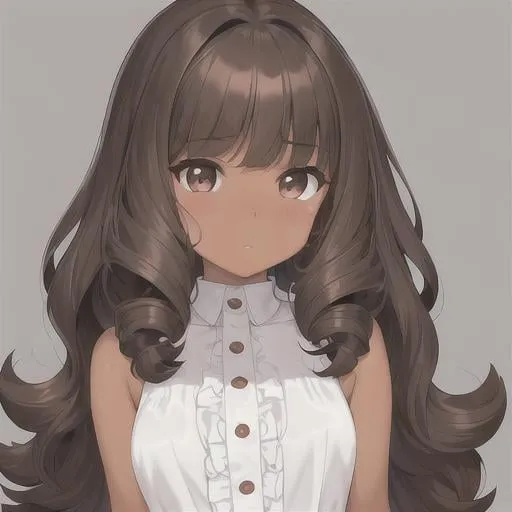 Prompt: (masterpiece, full body, illustration, best quality:1.2), 1girl, solo, tanned skin, (petite body, white blouse, dark brown shorts:1.3), curly hair, stray hairs, fluffy bangs, playful demeanor, shorts, ruffles, foggy black eyes, dark brown hair, finely detailed, detailed face, toned face, beautiful detailed eyes, beautiful detailed shading, beautifully detailed background, rainstorm 