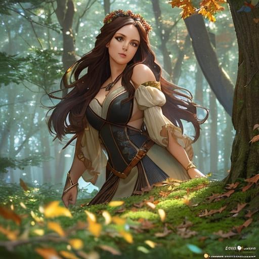 Prompt: dryads autumnal feminine great beauty and very beautiful physical features, just behind her oak surrounded by a thick autumnal forest volumetric soft lighting warm colors 8k resolution by Greg Rutkowski, Artgerm, Alphonse Mucha dynamic lighting hyperdetailed intricately detailed Splash art trending on Artstation Unreal Engine 5 volumetric lighting