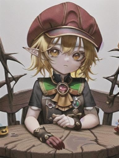 Prompt: chibi klee  elf girl with a tender face, sitting in front of a table, yellow hair, large contrasting eyes between brown and red, wears a red Gavroche Cap with a black visor that has a brooch on the left from which 2 long white feathers come out, the Cap Gavroche, in addition to the brooch, has an embroidery in the center of the front with a 4-leaf clover, his large eyes have anime-style flashes of light, his mouth is open and wobbly watching a delicious fish dish on the table while it drains from him a little drool, she wears a red raincoat with a hood and a light brown or cream scarf, her hands are in fists holding a fork in the left and a knife in the right while she raises her arms ready to eat, she is carrying a brown bag from which A cream-colored wool doll similar to a ball hangs, on the plate on the table is a delicious Japanese baked fish.