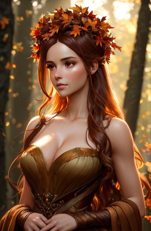 Prompt: dryads autumnal feminine great beauty and very beautiful physical features, just behind her oak surrounded by a thick autumnal forest volumetric soft lighting warm colors 8k resolution by Greg Rutkowski, Artgerm, Alphonse Mucha dynamic lighting hyperdetailed intricately detailed Splash art trending on Artstation Unreal Engine 5 volumetric lighting