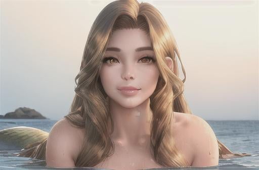 Prompt: realistic portrait of a mermaid half woman half fish tail longer than the torso, frolicking sitting on the rocks above the water, wet hair, perfect proportion,  Defined face, perfect eyes, beautiful face, well detailed and defined, defined, sensual lips with a beautiful smile, hair with a brown color gradient to gold balayage, 