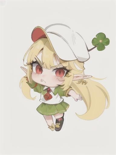 Prompt: chibi elf girl with a cute face, angry pouting, yellow hair, big red eyes, (wears a red Gavroche cap with a black visor, has a brooch on the left of the cap, 2 long white feathers come out of the brooch), the cap Gavroche has an embroidery on the front with a 4-leaf clover, waves her arms to the sides in frustration, she wears a red trench coat with a hood and a light brown or cream colored scarf, her hands are in fists, she is carrying a bag brown from which hangs a cream-colored wool doll similar to a ball, a white baggy shorts, 2 legs with brown shoes