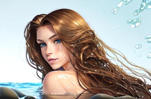 Prompt: realistic portrait of a mermaid half woman half fish tail longer than the torso, frolicking sitting on the rocks above the water, wet hair, perfect proportion,  Defined face, perfect eyes, beautiful face, well detailed and defined, defined, sensual lips with a beautiful smile, hair with a brown color gradient to gold balayage, 