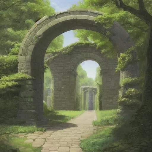 Prompt: A circular pathway surrounded by lush greenery, with a starting point marked by a small stone arch. The path leads around and seamlessly returns to the same arch, symbolizing the concept of the beginning being the end.