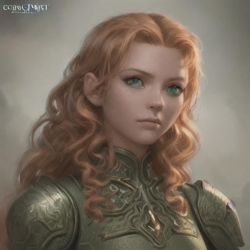 Prompt: Detailed character portrait, highly detailed, cinematic lighting, digital painting, concept art, sharp focus, full character view, illustration, very detailed, detailed face, female human, light ginger hair, green eyes, normal human, light curly hair. Light blue crop top, 13 years old, long hair.