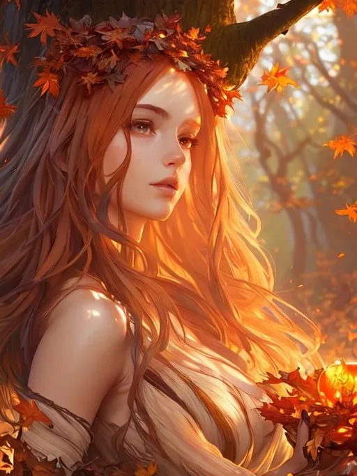 Prompt: dryads autumnal feminine great beauty and very beautiful physical features, just behind her oak surrounded by a thick autumnal forest volumetric soft lighting warm colors 8k resolution by Greg Rutkowski, Artgerm, Alphonse Mucha dynamic lighting hyperdetailed intricately detailed Splash art trending on Artstation Unreal Engine 5 volumetric lighting