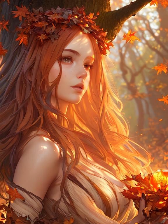 Prompt: dryads autumnal feminine great beauty and very beautiful physical features, just behind her oak surrounded by a thick autumnal forest volumetric soft lighting warm colors 8k resolution by Greg Rutkowski, Artgerm, Alphonse Mucha dynamic lighting hyperdetailed intricately detailed Splash art trending on Artstation Unreal Engine 5 volumetric lighting