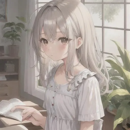 Prompt: (masterpiece, illustration, best quality:1.2), Sui Kasai art style,  1girl, solo, (petite body, white babydoll dress, brown shorts:1.3), messy hair, stray hairs, playful demeanor, shorts, ruffles, foggy grey eyes, white hair, finely detailed, detailed face, toned face, beautiful detailed eyes, beautiful detailed shading, beautifully detailed background, cozy atmosphere 