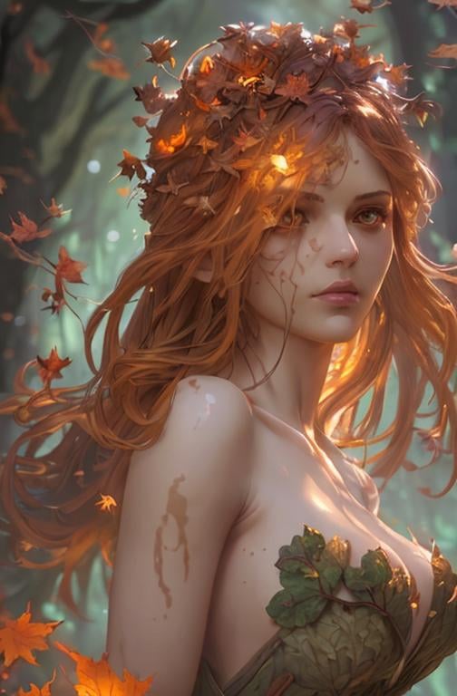 Prompt: dryads autumnal feminine great beauty and very beautiful physical features, just behind her oak surrounded by a thick autumnal forest volumetric soft lighting warm colors 8k resolution by Greg Rutkowski, Artgerm, Alphonse Mucha dynamic lighting hyperdetailed intricately detailed Splash art trending on Artstation Unreal Engine 5 volumetric lighting