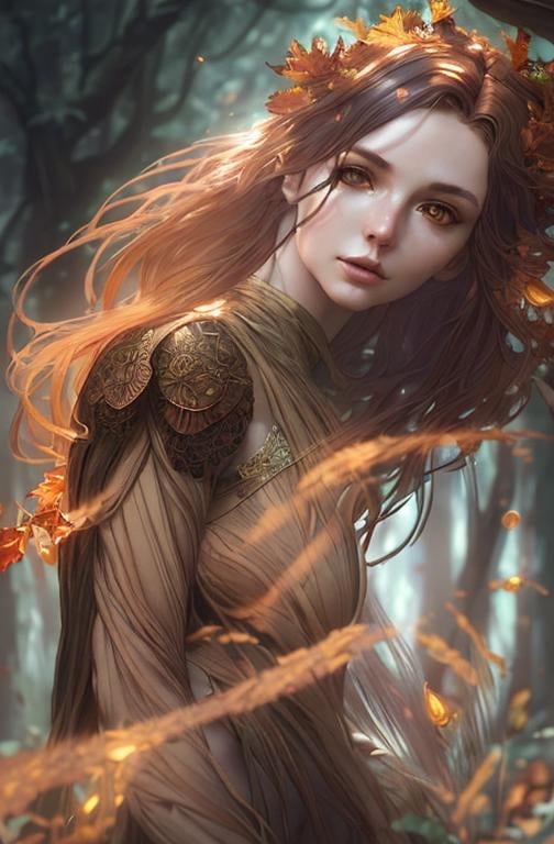 Prompt: dryads autumnal feminine great beauty and very beautiful physical features, just behind her oak surrounded by a thick autumnal forest volumetric soft lighting warm colors 8k resolution by Greg Rutkowski, Artgerm, Alphonse Mucha dynamic lighting hyperdetailed intricately detailed Splash art trending on Artstation Unreal Engine 5 volumetric lighting