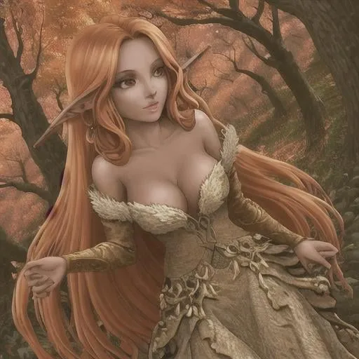 Prompt: dryads autumnal feminine great beauty and very beautiful physical features, just behind her oak surrounded by a thick autumnal forest volume...