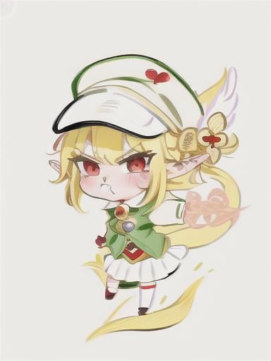 Prompt: chibi elf girl with a cute face, angry pouting, yellow hair, big red eyes, (wears a red Gavroche cap with a black visor, has a brooch on the left of the cap, 2 long white feathers come out of the brooch), the cap Gavroche has an embroidery on the front with a 4-leaf clover, waves her arms to the sides in frustration, she wears a red trench coat with a hood and a light brown or cream colored scarf, her hands are in fists, she is carrying a bag brown from which hangs a cream-colored wool doll similar to a ball, a white baggy shorts, 2 legs with brown shoes