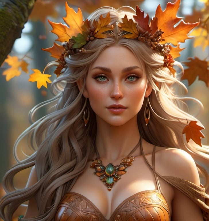 Prompt: dryads autumnal feminine great beauty and very beautiful physical features, just behind her oak surrounded by a thick autumnal forest volumetric soft lighting warm colors 8k resolution by Greg Rutkowski, Artgerm, Alphonse Mucha dynamic lighting hyperdetailed intricately detailed Splash art trending on Artstation Unreal Engine 5 volumetric lighting