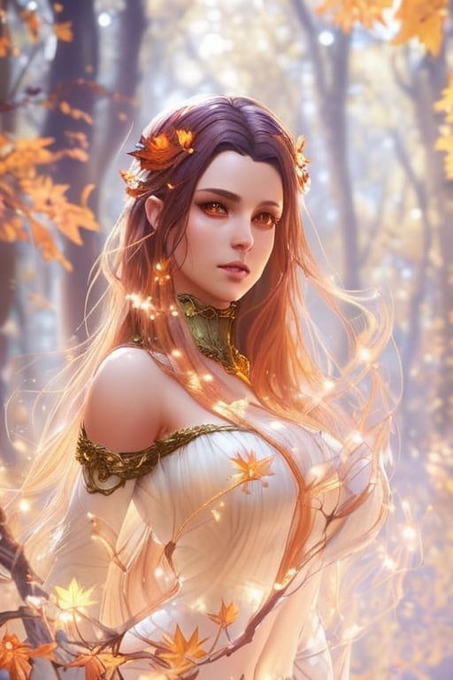 Prompt: dryads autumnal feminine great beauty and very beautiful physical features, just behind her oak surrounded by a thick autumnal forest volumetric soft lighting warm colors 8k resolution by Greg Rutkowski, Artgerm, Alphonse Mucha dynamic lighting hyperdetailed intricately detailed Splash art trending on Artstation Unreal Engine 5 volumetric lighting