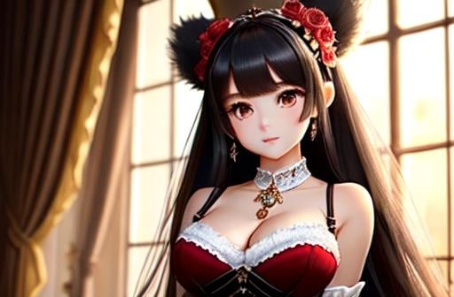 Prompt: Exquisite New Character, Cute Female Woman, Highly Detailed, Fluffy, Intricate Details, Beautiful Big Eyes, Maximum Cuteness, Lovely, Adorable, Beautiful, Flawless, Masterpiece, Soft Dramatic Moody Lighting, Radiant Love Aura, Ultra High Quality Octane, Hypema Red Full Body, Hypermaximalist, Beautiful, Flawless, Masterpiece, wears an elegant bell cut dress with a corset