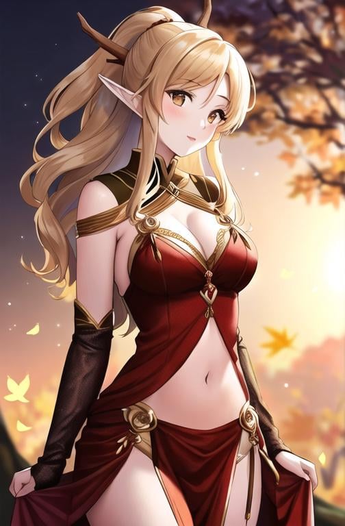 Prompt: dryads autumnal feminine great beauty and very beautiful physical features, just behind her oak surrounded by a thick autumnal forest volume