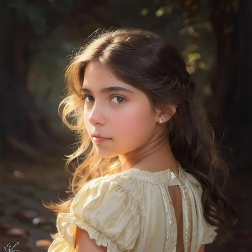 Prompt:    A young girl, with chocolate brown hair that goes all the way down to my bottom, hazel brown eyes and light dark tan skin extremely detailed, realistic. Krenz Cushart + loish +gaston bussiere +craig mullins, j. c. leyendecker +Artgerm, oil painting texture oil painting effect Krenz Cushart + loish +gaston bussiere +craig mullins, j. c. leyendecker +Artgerm, oil painting texture.