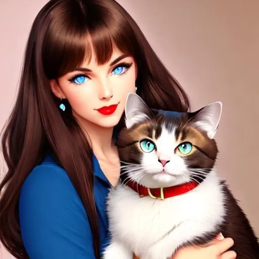 Prompt: full body girl with dark brown hair and blue eyes holding an american bobtail cat. red lipstick.