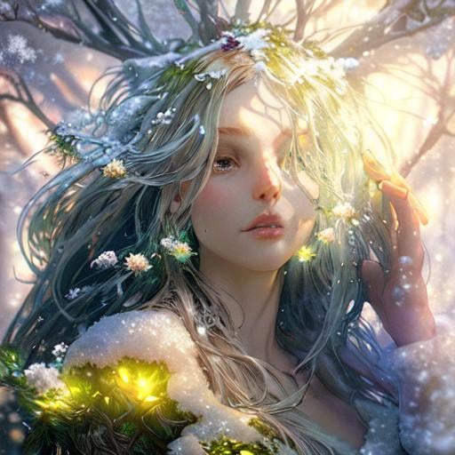 Prompt: dryads winter feminine great beauty and very beautiful physical features, just behind her a winter forest in full transition to spring, flowers growing snow melting volumetric soft lighting cold colors 8k resolution by Greg Rutkowski, Artgerm, Alphonse Mucha dynamic lighting hyperdetailed intricately detailed Splash art trending on Artstation Unreal Engine 5 volumetric lighting